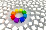 gekleurde blokken in een cirkel tussen allemaal witte blokken