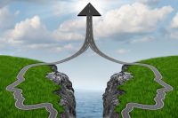 two opposite cliffs on top of which de face of a men has been projected both faces are connectied with a arrow pointing to the clouds